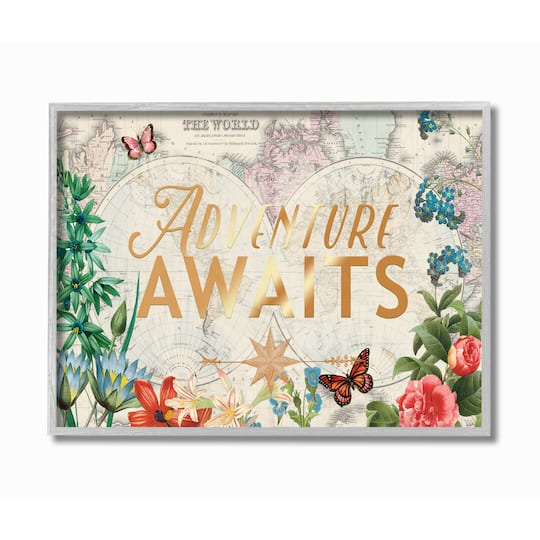 Stupell Industries Adventure Awaits Floral Map Gray Framed Wall Art